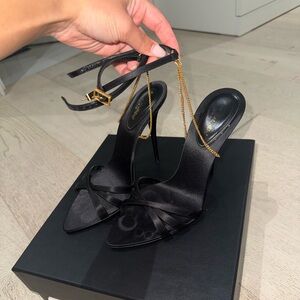 YSL black heels with gold chain